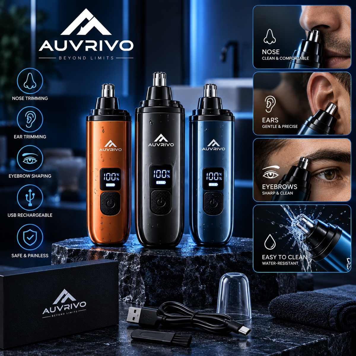 AUVRIVO Precision Trim – USB Nose, Ear & Eyebrow Trimmer